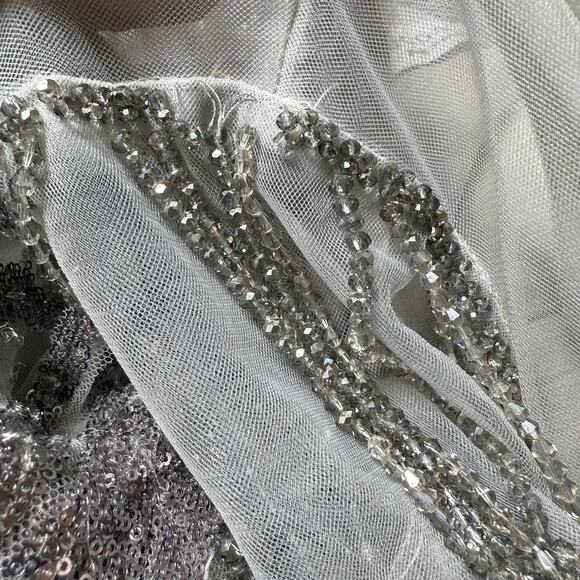 Mac Duggal Silver Jewel Encrusted Illusion Long Sleeve A Line Gown Size 18 *FLAW - Picture 6 of 12